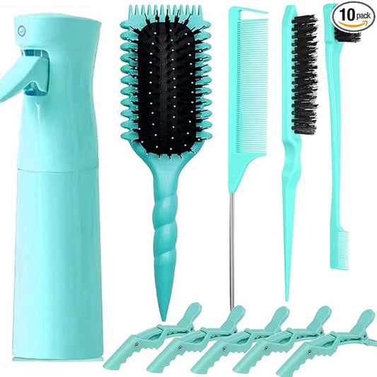 10 Pc Curl Defining Hair Brush Set with Spray Bottle for Effortlessly Detangling, Shaping and Styling Women's & Men's Curls on Wet or Dry Hair, Reduces Frizz