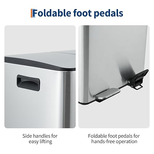 Dual Compartment Trash Can, 2 x 5.3 Gallon / 20L Stainless Steel Recycling Bin with Soft-Close Lid, Foldable Foot Pedal, Odor-Sealing Waste Sorter for Kitchen Office Bedroom