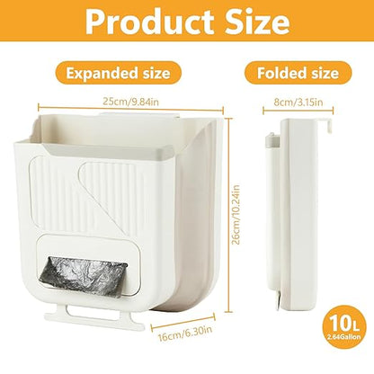 Collapsible Hanging Trash Can, Compost Bin Kitchen with 60pcs of Garbage Bags, 2.64 Gallon Plastic Folding Garbage Bin for Cabinet/RV/Camping/Bedroom