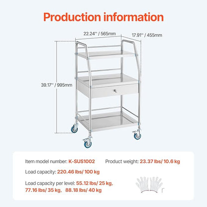 VEVOR Service Cart, 3 Layers Stainless Steel Utility Rolling Cart with Drawer, Lockable Wheels, Ideal for Laboratory, Hospital, Dental Use