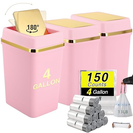 3 Pack Bathroom Trash Can with Lid 4 Gallon Pink Small Trash Can with Swing Lid Bathroom Garbage Can with 150 Counts Trash Bags for Kitchen Bedroom Office