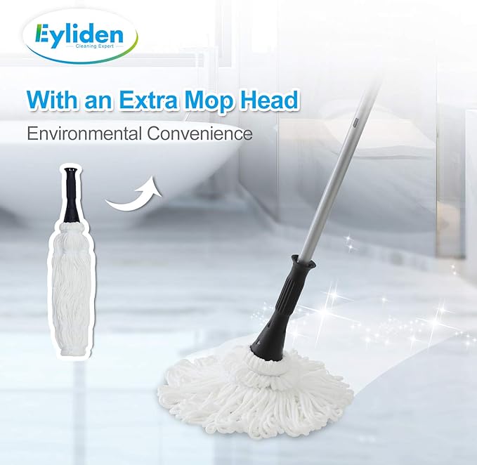 Eyliden Mop with 2 Reusable Microfiber Heads, Easy Wringing Twist Mop, 57.5 inch Long Handle, Wet Mops for Floor Cleaning, Commercial Household Clean Hardwood, Vinyl, Tile, and More (White)