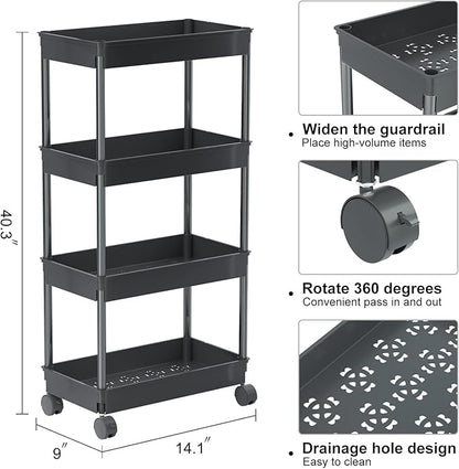 Sooyee 4 Tier Wide Storage Cart Mobile Shelving Unit Organizer Slide Out Storage Rolling Utility Cart Tower Rack for Kitchen Bathroom Laundry, Plastic & Stainless Steel, Black