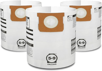 Shop-Vac 9066133 Disposable Filter Bags, Fits 5-9 Gallon Vacs, For Dry Pick-Up Only, White Paper, (3-Pack)