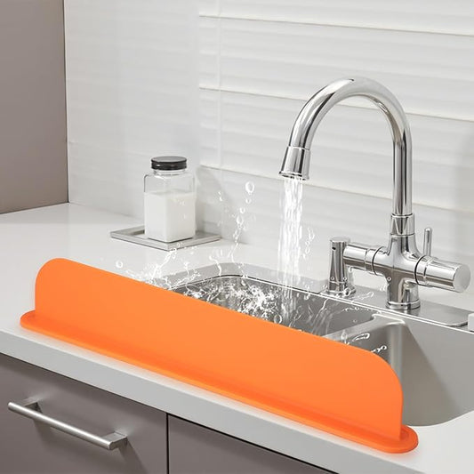 19.3 inch Sink Water Splash Guard, Silicone Sink Splash Guard, Backsplash Protector for Kitchen Countertop & Bathroom Bathtub with Non-Slip Strong Suction, Orange