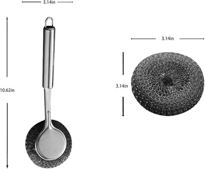 Ergonomic Handle Stainless Steel Scrubber with 4 Replacement Balls, Wire Brush for Kitchen Pots, Grills, Pans and Cutlery