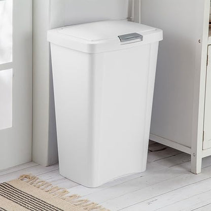 Sterilite 13 Gallon TouchTop Wastebasket Trash Can Garbage Recycle Bin with Titanium Latch for Kitchen, Garage, Basement, or Office, White (8 Pack)