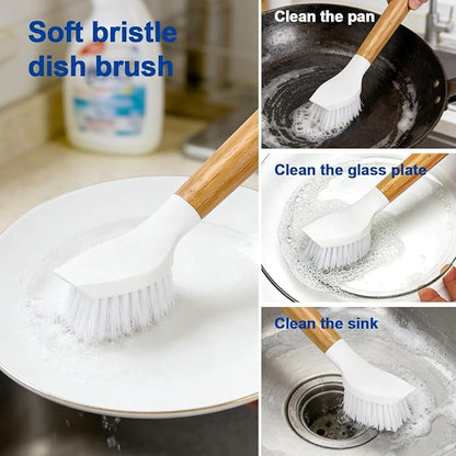 CELOX Bamboo Dish Scrubber Brush with Handle, 2 Pack Kitchen Brushes for Dishes