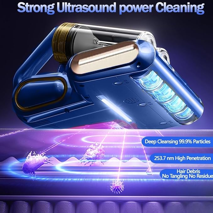 Cordless Double-Cup Mattress Cleaner, 18Kpa Suction 253.7nm UV-C Light & 80000Rpm Rotation Ultrasonic Tech, Portable Handheld Vacuum for Bed/Fabric Sofa/Carpet Cleaning(Blue)