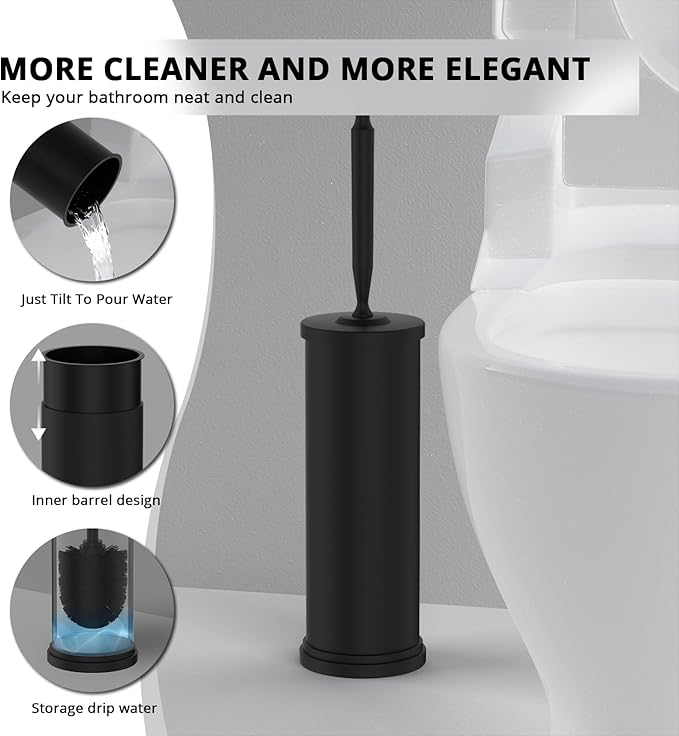 Premium 304 Stainless Steel Toilet Brush and Holder: Weighted Stable Base, Removable Inner Tube, Splash-Proof Design for 360° Thorough Cleaning & Space-Saving Storage,Black