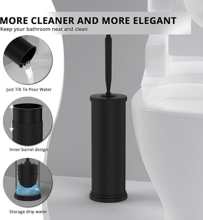 Premium 304 Stainless Steel Toilet Brush and Holder: Weighted Stable Base, Removable Inner Tube, Splash-Proof Design for 360° Thorough Cleaning & Space-Saving Storage,Black