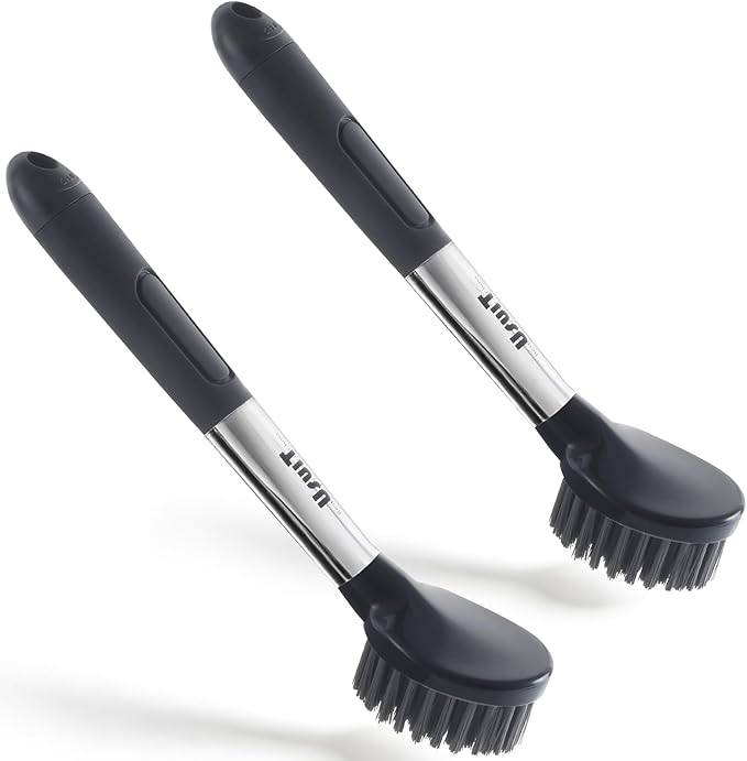 Soap Dispensing Dish Brush (2 Pack) – Ergonomic Kitchen Scrub Brush with Soap Dispenser Handle – Non-Slip Dish Scrubber for Pot, Pan, and Sink Cleaning – Easy-to-Handle Washing Brushes for Home
