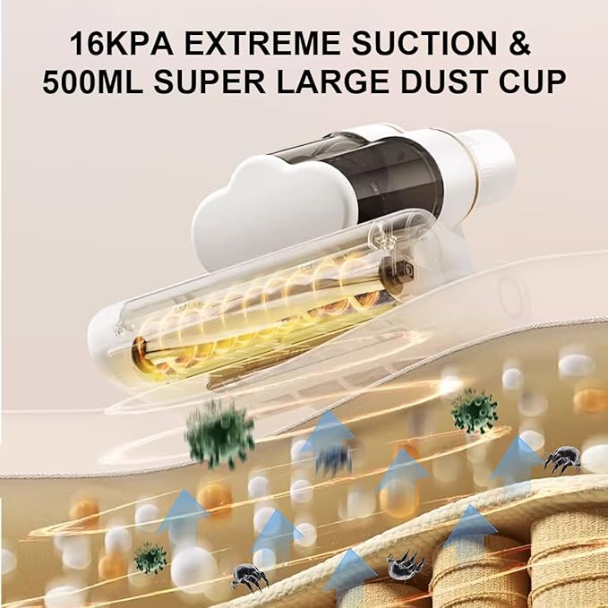 Mattress Vacuum Cleaner with UV-C Light 16Kpa Suction & 80000 rpm Double Brushrolls & Triple Cup, Heating & Ultrasonic & 2 Speeds & Widened Suction Port, Anti-Allergen Bed Vacuum Cleaner (Gold)
