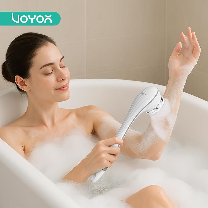 VOYOR Electric Body Brush Back Scrubber for Shower Rechargeable Exfoliating Bath Brush Powered Shower Brush with Non-Slip Long Handle Deep Cleansing, Exfoliation, Massaging Spin Brush BC100 (Grey)