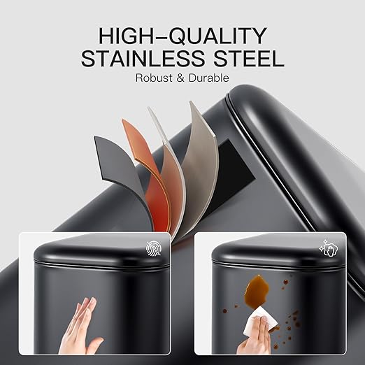GlowSol Bathroom Trash Can with Lid, 3.2 Gallon 12 L Stainless Steel Step Trash Can with Removable Liner Bucket, Slim Small Wastebasket for Toilet Bedroom Office, Black