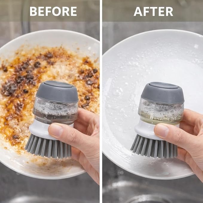 Soap Dispensing Dish Scrubber Brush with Storage Bracket - Replaceable Palm Brush for Kitchen Pot, Pan and Sink Cleaning, Drainage Base, Dish Washing Brush, Kitchen Brush for Cleaning