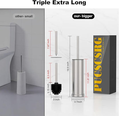 Stain Nickel Toilet Brush and Holder Set，Stainless Steel Heavy Duty Toilet Bowl Brush，Extra Long Handled Modern Toilet Cleaner Brush with Replaceable Head, Removable Inner Bowl, and Splash Protection