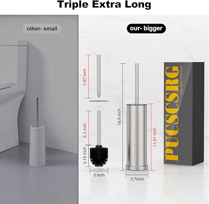 Stain Nickel Toilet Brush and Holder Set，2 Pack Stainless Steel Heavy Duty Toilet Bowl Brush，Extra Long Handled Toilet Cleaner Brush with Replaceable Head, Removable Inner Bowl & Splash Protection