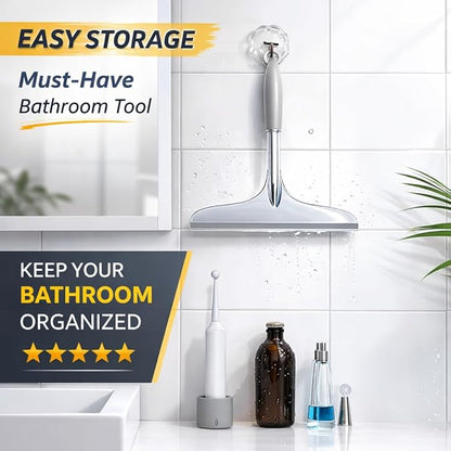 Shower Squeegee for Glass Shower Doors Bathroom Tile Mirror – Streak-Free Silent Window Cleaner with Non-Slip Handle and Adhesive Hook for Car and Home Cleaning