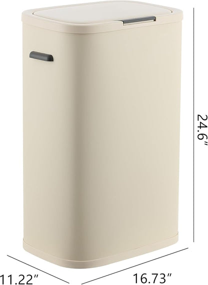 happimess HPM1017D Tammi Kitchen 14.5-Gallon Slim Metal Push Button Trash Can, Fingerprint Resistant, Modern, Minimalistic for Home, Kitchen, Laundry Room, Office, Bedroom, Bathroom, Limestone Beige