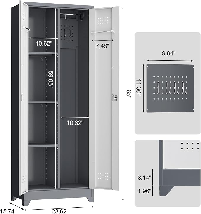Metal Storage Cabinet with Lockable Doors, 65" Steel Utility Cabinet for Garage & Home Office, Tall Broom Closet with Adjustable Shelves, Vents & Cable Hole for Tools, White/Grey