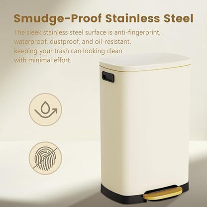 ELPHECO Kitchen Trash Can with Lid Soft Close, 13 Gallon / 50L Stainless Steel Pedal Garbage Can, Heavy-Duty Fingerprint Proof Step Wastebasket with 20 Bags, Removable Bucket, Home Office, Cream Beige