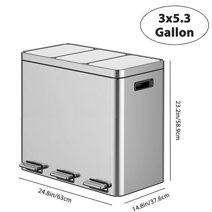 3 x 5.3 Gallon Kitchen Trash Can, 3 Compartment Garbage Can, Stainless Steel Rubbish Bin with Soft-Close Lid and Removable Inner Wastebasket for Kitchen, Home Office