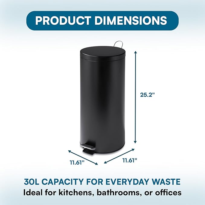 Honey-Can-Do 30L / 8-Gallon Round Step Trash Can, Matte Black Stainless Steel, Fingerprint-Resistant, Removable Inner Bucket