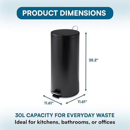 Honey-Can-Do 30L / 8-Gallon Round Step Trash Can, Matte Black Stainless Steel, Fingerprint-Resistant, Removable Inner Bucket