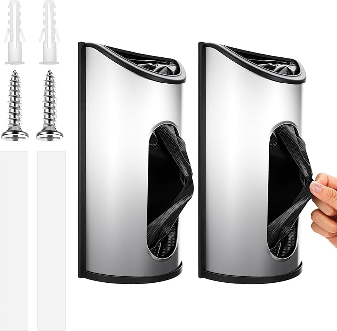 2 Pack Wall Mounted Trash Bag Holder, Grocery Bag Holder Stainless Steel Kitchen Trash Bags Organizer Anti-Fingerprints and Scraw for Kitchen Garage Barn Storage Room