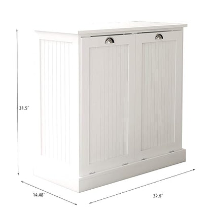 RASOO Double Tilt Out Trash Cabinet White Free Standing Laundry Sorter Cabinet with Removable Two-Compartment Tilt-Out Hamper Clothes Basket