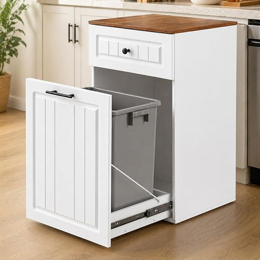 13 Gallon Pull Out Trash Can Cabinet with Drawer, Hidden Kitchen Garbage Cabinet, Freestanding Modern Farmhouse Waste Bin Furniture, White