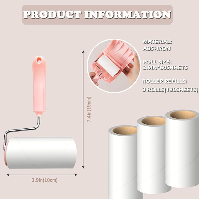 Lint Roller Remover with 180 Sheets, Pet Hair Remover Extra Sticky Roller Hair Dust Remover for Clothes, Furniture, Travel Household 1 Handle+3 Rollers Dog &Cat Hair Removal Pink