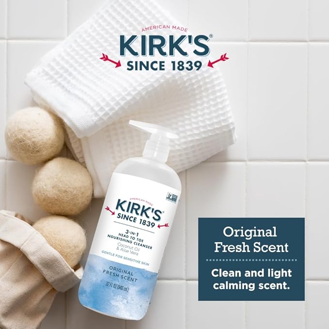 Kirk's Original Fresh 3-in-1 Nourishing Cleanser, Shampoo Body Wash Bubble Bath, Coconut Oil and Aloe Vera, Vegan Non-GMO, 32 Fl Oz