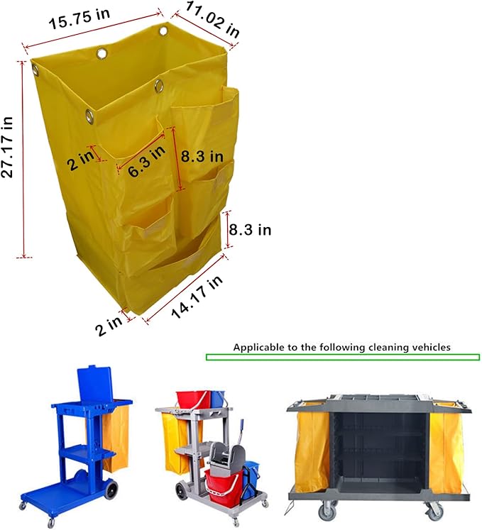 Replacement Janitorial Cart Bag, High Capacity Waterproof Thickened Housekeeping Commercial Janitorial Cleaning Cart Bag with 6 Brass Grommets - 25 Gallon (Yellow with 5 Pockets)
