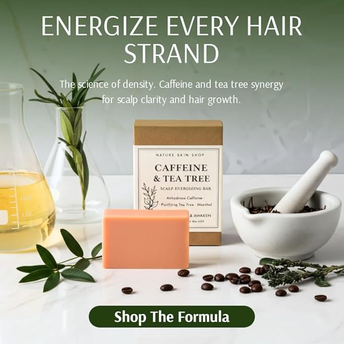 Nature Skin Shop Caffeine Shampoo Bar for Hair Growth and Thinning, with Tea Tree Oil for Oily, Itchy & Dandruff Prone Scalp, Sulfate-Free, Energizing Scalp Detox