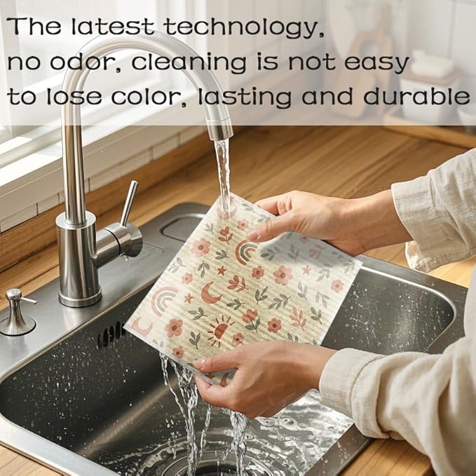 Swedish Dishcloths for Kitchen – 6 Pack Cellulose Reusable Cleaning Paper Towels – Soft, Quick-Drying, Washable Dish Rags for Kitchen, Counters & More (Boho Pattern)