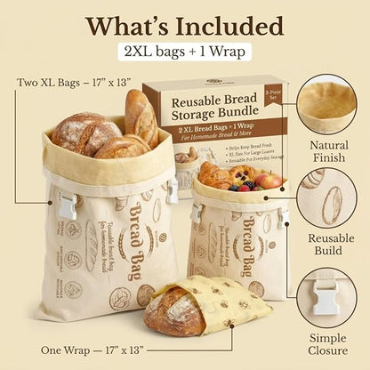 3 Pack Cotton Beeswax Bread Bags for Sourdough - 2XL Organic Reusable with Bees Wax Lining & Buckle Closure + 1 Beeswax Wrap, Wax Cloth Bread Bags & Freezer Safe, Eco-Friendly & Easy to Clean