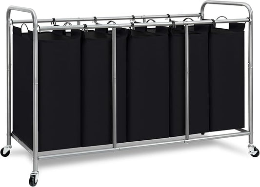 STORAGE MANIAC 5 Section Laundry Sorter, 5 Bins Rolling Separator Laundry Basket, Dirty Clothes Hamper Divider with Heavy Duty Rolling Lockable Wheels, Large Clothes Organizer Cart, Black