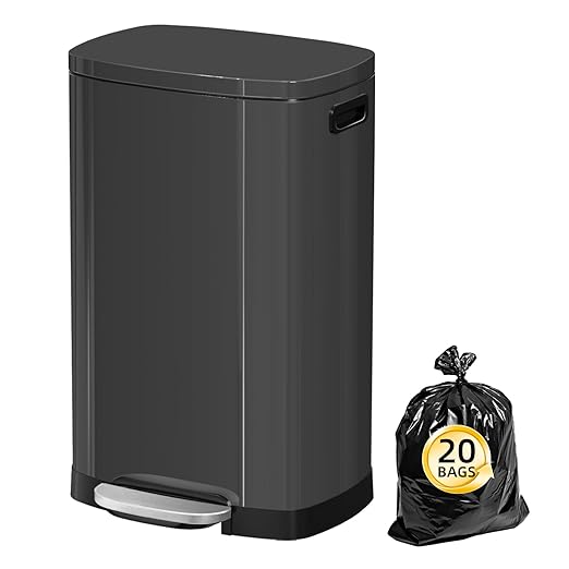 KdbK 13 Gallon Trash Can with Lid, 50L Fingerprint Proof Stainless Steel Kitchen Trash Can with Removable Inner Bucket and Lid Soft Close, Pedal Rubbish Bin for Home Office, Titanium Black