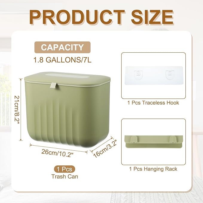 uxcell Kitchen Compost Bin Hanging Small Trash Can, 7L/1.8Gallon Trash Can, Green