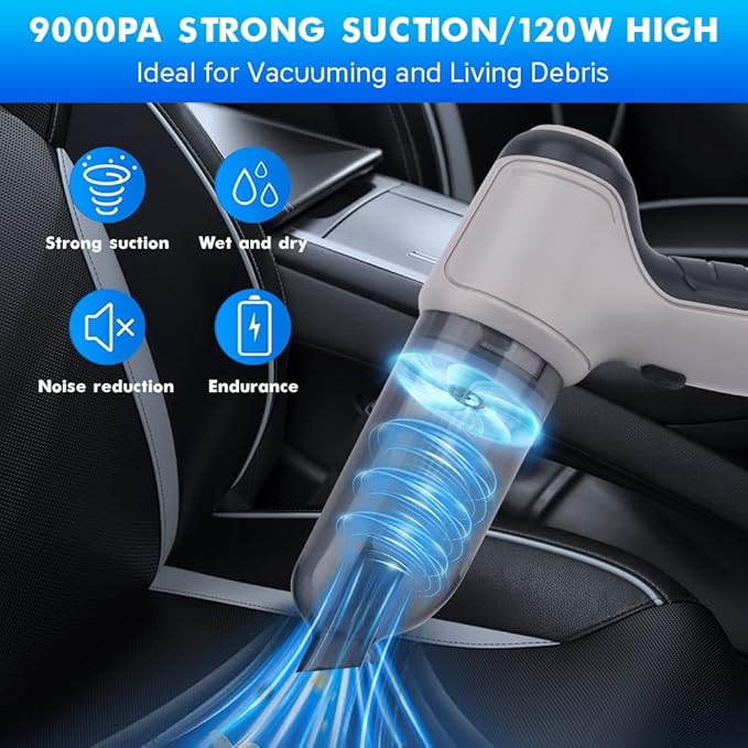 Handheld Vacuum Cleaner, 3-in-1 Cordless Car Vacuum Cleaner Rechargeable 120W/9000PA High Power, Portable Wet Dry Mini Vacuum for Car Home Pet Hair