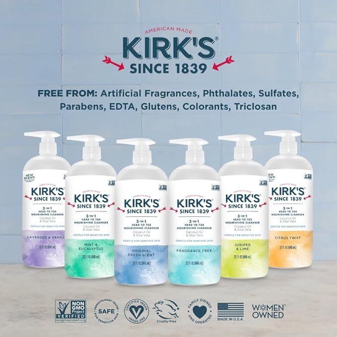 Kirk's Mint and Eucalyptus 3-in-1 Nourishing Cleanser, Shampoo Body Wash Bubble Bath, Coconut Oil and Aloe Vera, Vegan Non-GMO, 32 Fl Oz, Pack of 2