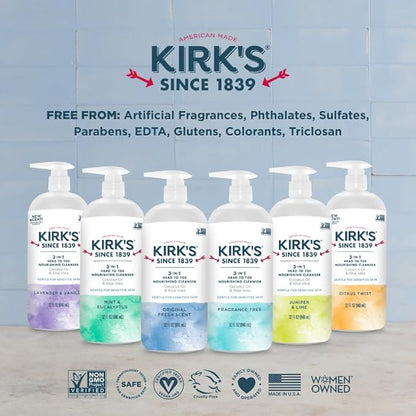 Kirk's 3-in-1 Head to Toe Nourishing Liquid Cleanser- for Men, Women & Children - Premium Coconut Oil & Aloe Vera- Non GMO & Vegan - Citrus Twist - 32 Fl Oz. - 2 Pack