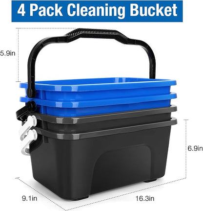 3 Gallon Mop Cleaning Bucket with Handle,4 Pcs Compact Square Plastic Bucket for Window Cleaning,Car Washing, Mopping & Household Cleaning Supplies Organizer Wash Water Bucket for Storage Blue Grey