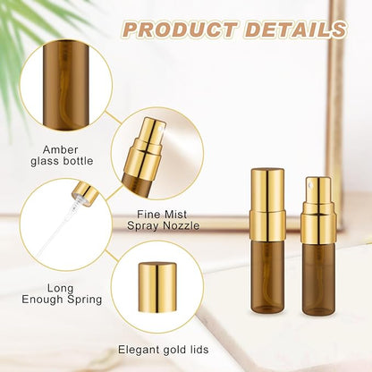 30 Pack Empty Mini Glass Spray Bottle Refillable Fine Mist Perfume Atomizer Portable Travel Sample Spray Bottles Containers For Perfume Essential Oils Cosmetics Liquid (amber bottle, 3ml)
