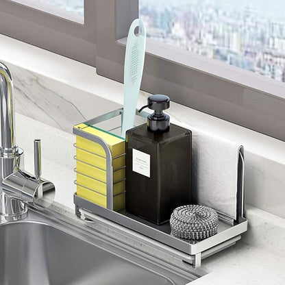 Kitchen Countertop Dish Soap and Dishwashing Brush Holder, SUS 304 Stainless Steel Sponge Organizer, Basket for Cleaning and Scrub Tool, Kitchen Sink Brush Caddy Holder