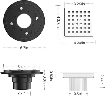 EXF Square Shower Drain 4-3/8 Inch Chrome, Stainless Steel Shower Floor Drain Kit with ABS Flange, Removable Cover Grid Grate, Hair Strainer