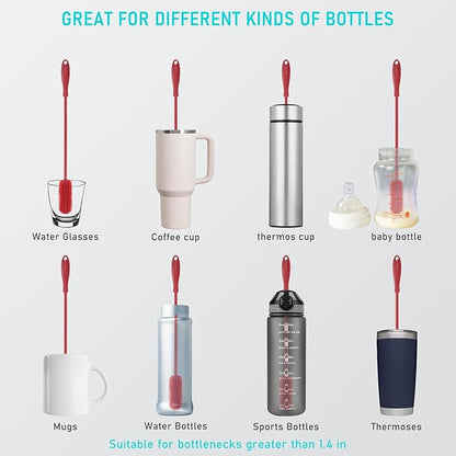 15.7" Silicone Bottle Brush, ddLUCK Water Bottle Cleaner Brush for Stanley, Hydroflasks, Glass, Thermos Sports Bottle, Vase and Glassware, Bottle Brush Cleaner for Small Narrow Neck Containers (Red)