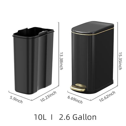 KSSKSS 2.6 Gallon Slim Bathroom Trash Can with Soft-Close Foot Pedal, 10L Stainless Steel Garbage Can with Removable Liner Bucket, for Narrow Spaces,Bathroom, Bedroom (Titanium Black)